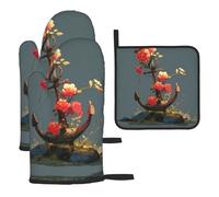 Flowers on The Ship's Anchor - Juego de 3 manoplas de horno y soportes para ollas de cocina, gruesos y duraderos, antiquemaduras y aislamiento térmico para tapa de cocina, horno microondas