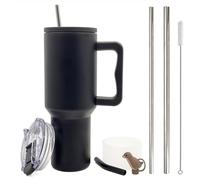 FloweryOcean Taza de café de 1200 ml para llevar, doble pared de acero inoxidable, con asa y paja, taza de coche, taza térmica, taza de café para bebidas calientes y frías, color negro 05