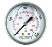 Flowfit Manómetro hidráulico, relleno de glicerina, tamaño de esfera de 63 mm, clasificado para 0-300 PSI (21 bar), entrada trasera BSP de 1/4 pulgadas