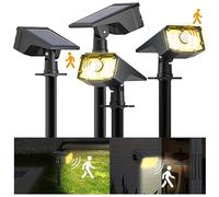FLOWood Lámparas solares para exteriores con detector de movimiento, focos solares de color blanco cálido de 3000 K, paquete de 4, 60 focos LED para jardín,