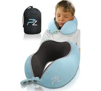 FLOWZOOM Comfy Kids Almohada de Viaje para Niños Mayores de 6 Años - Cojín Ajustable con Funda Suave y Lavable - Cojín de Viaje Viscoelástica para Coche, Tren y Avión - Azul, Talla M (6-10 Años)