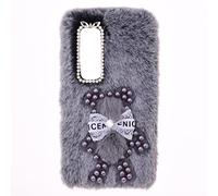 Fluffball Funda para Samsung Galaxy M36 Protectora de Silicona TPU Case Soft Warm Fluffy Plush Fur Skin Bling Cover Perlas Lindas Bonita Oso Bumper Phone Cover para Samsung Galaxy M36 ，Oso Perla Gris