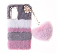 Fluffy Fur Plush Funda para OPPO A54s Funda de Silicona TPU Case Bonita Love Decoration Funda de Fluffy Fur con Diamantes de Purpurina Carcasa para OPPO A16,OPPO A16s,OPPO A54s,Collage Gris