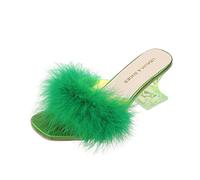 Fluffy Kitten Heel Slippers Women Womens Slip On Heels Open Toe Mules Sandals Clear Block High Heels Wedding Bridal Sliders Party Dressy Slippers Sexy Backless Sliders with Plush Decoration