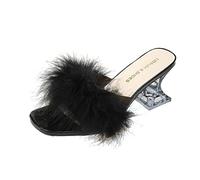 Fluffy Kitten Heel Slippers Women Womens Slip On Heels Open Toe Mules Sandals Clear Block High Heels Wedding Bridal Sliders Party Dressy Slippers Sexy Backless Sliders with Plush Decoration
