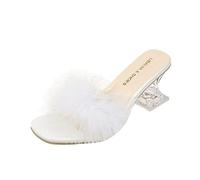 Fluffy Kitten Heel Slippers Women Womens Slip On Heels Open Toe Mules Sandals Clear Block High Heels Wedding Bridal Sliders Party Dressy Slippers Sexy Backless Sliders with Plush Decoration