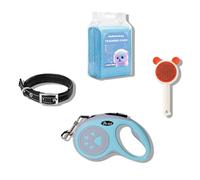 FluffyFavPets Kit de Inicio Nuevo Dueño 4 en 1: Collar Acolchado (Negro), Correa Retráctil 3m (Azul), Cepillo Autolimpiable y Empapadores M - Set Esencial de Bienvenida para Perro
