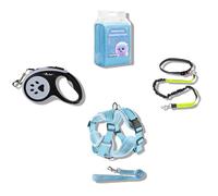 FluffyFavPets Kit Perro Activo 4 en 1: Arnés Anti-Tirones (Azul Claro), Correa Manos Libres para Correr, Correa Retráctil 5m y Empapadores Absorbentes - Set Completo de Deporte y Paseo