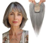 Flufymooz Adornos de cabello humano real para mujer, flequillo de 10 pulgadas con clip, 100 % cabello humano para adelgazamiento, cubre el cabello con base de seda de 150 % de densidad, color gris