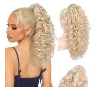 Flufymooz Extensión de cola de caballo de proteína 100 % pura, extensiones de cabello rizado de 18 pulgadas, extensiones de cabello natural suave para mujer, rubio claro con rubio blanco