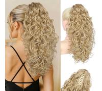 Flufymooz Extensión de cola de caballo de proteína 100 % pura, extensiones de cabello rizado de 18 pulgadas, extensiones de cabello natural suave para mujer, rubio profundo con reflejos rubio ceniza