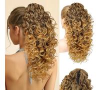 Flufymooz Extensión de cola de caballo de proteína 100 % pura, extensiones de cabello rizado de 18 pulgadas, extensiones de cabello natural suave para mujer, marrón medio con rubio dorado
