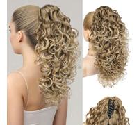 Flufymooz Extensión de cola de caballo de proteína 100 % pura, extensiones de cabello rizado de 18 pulgadas, extensiones de cabello natural suave para mujer, color rubio oscuro