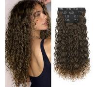 Flufymooz Extensiones de cabello rizado con clip, 4 unidades, 100% seda de proteína pura, extensiones de cabello largo y suave, 20 pulgadas, marrón a rubio sucio