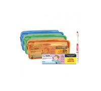 Fluor-Kin Infantil Pack pasta dentífrica fresa 75 ml+25 ml + cepillo dental + neceser