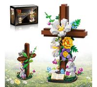 Fluorspar blaster Juego de bloques de construcción de flores de Easter Cross - Jesús Botanical Lily Cross with Bunny, Lamb & Eggs - Regalos cristianos religiosos para mujeres y adultos - Resurrección