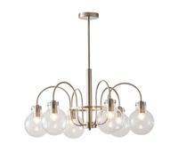 Flush Mount Mid Century Brushed Silver Hanging Base Glass Chandelier Height Adjustable Pendant Lamp for Kitchen Over Table Living Room Light Fixtures(6-Light)