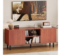 Fluted TV Stand for TVs up to 65in - Mid Century Modern Wood Entertainment Center - Adjustable Shelf & 2 Doors Storage - Media Console Table for Living Room or Bedroom - Walnut Wood with Black Legs