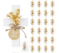 Flutesan 24 juegos de imanes de cruz de madera con flores secas y bolsa de organza, recuerdos de fiesta de primera comunión, regalos de fiesta de baby shower, regalos de bautizo, regalo de cumpleaños