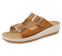 Fly Flot Castana Mujer Tela Abiertas Doble Hebilla Ajustable Plantilla Cuero Sandalias Chanclas Mujer, cuero, 38 EU