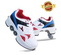 FLY FLU Botas de patines con ruedas Quad ajustables de 4 ruedas, zapatos versátiles 2 en 1, zapatos para caminar - para regalo de principiante Unisex,Whiteblue-42