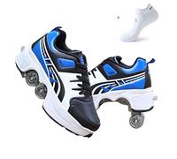 FLY FLU Zapatos De Patinar para Mujer,4 Ruedas Ajustables para Patines con Ruedas, Zapatos Multiusos 2 En 1,Zapatos para Caminar - para Regalo Unisex para Principiantes,Blackblue-36