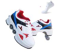 FLY FLU Zapatos De Patinar para Mujer,4 Ruedas Ajustables para Patines con Ruedas, Zapatos Multiusos 2 En 1,Zapatos para Caminar - para Regalo Unisex para Principiantes,Whiteblue-32