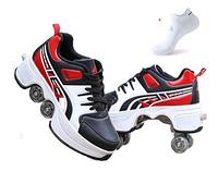FLY FLU Zapatos De Patinar para Mujer,4 Ruedas Ajustables para Patines con Ruedas, Zapatos Multiusos 2 En 1,Zapatos para Caminar - para Regalo Unisex para Principiantes,Blackred-40