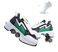 FLY FLU Zapatos De Patinar para Mujer,4 Ruedas Ajustables para Patines con Ruedas, Zapatos Multiusos 2 En 1,Zapatos para Caminar - para Regalo Unisex para Principiantes,Blackgreen-41