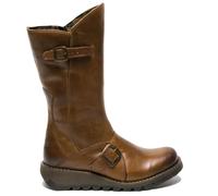 Fly London Botas Camel Mujer Cuero Marrón Tacón Cuña Hebilla Cremallera