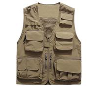 Flygo Chaleco para hombre, casual, ligero, para pesca, trabajo, safari, viajes, fotos, con múltiples bolsillos, Caqui, X-Large