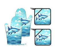 Flying Fish in the Oceans - Soportes para ollas y guantes de horno impresos, 4 piezas, guantes de cocina antideslizantes con bolsillo para utensilios para barbacoa