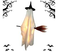 Flying Halloween Decor - Light Up Scary Ghost On Broom Prop | Animated Halloween Yard Decor For Patio Backyard Porch Haunted House Front Door Courtyard Lawn Garage Use | Spooky Outdoor Hanging