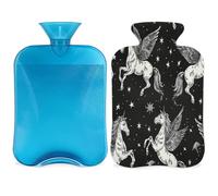 Flying Horse - Bolsa de agua caliente negra con funda, diseño de animales, bolsa de agua caliente de 2 litros para aliviar el dolor, cuello y hombros, manos, pies, compresa caliente y fría