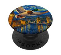 Flying Immigrant Mallard Duck in The Starry Night Painting PopSockets PopGrip Adhesivo
