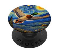 Flying Immigrant Mallard Duck in The Starry Night Painting PopSockets PopGrip Adhesivo