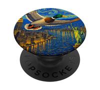 Flying Immigrant Mallard Duck in The Starry Night Painting PopSockets PopGrip Adhesivo