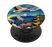Flying Japanese Red Crowned Crane in The Starry Night Paint PopSockets PopGrip Adhesivo