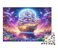 Flying Ship in Clouds with Moon Puzzles Imposible,desafío for Adults Entretenimiento Creativo 1000 Piezas Obra De Arte De Juego De para Adultos Y Niños A Partir De 12 Años 38x26cm/1000pcs