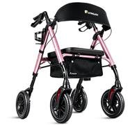 FlyingJoy Andador plegable con asiento y respaldo extra ancho, ruedas grandes todo terreno de 8 pulgadas para personas mayores, andadores con soporte para tazas y bastón, soporta hasta 300 libras