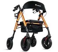 FlyingJoy Andador plegable con asiento y respaldo extra ancho, ruedas grandes todo terreno de 8 pulgadas para personas mayores, andadores con soporte para tazas y bastón, soporta hasta 300 libras