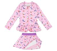 FLYISH DIRECT Traje de Baño Niña, Conjunto de Natación UPF 50+ Manga Larga, Ropa de Baño Infantil de Secado Rápido, Bañador de 2 Piezas con Volantes y Falda para Niñas, Unicornio, S