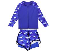 FLYISH DIRECT Traje de Baño Niño, Conjunto de Natación UPF 50+ Manga Larga con Cremallera, 2 Piezas con Camiseta Rash Guard y Bañador Corto, Secado Rápido, Tiburones, M
