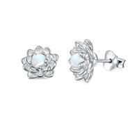 Flyow Moonstone Lotus - Juego de joyas de plata de ley 925 con piedra lunar, collar y aretes de tuerca de flor de loto curativa natural, Buda espiritual, yoga, regalo para mujer, 9 millimeters, Plata