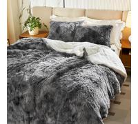 FlySheep Juego de edredón de Lujo de Piel sintética lanudo Mullido tamaño Queen Mezclado Negro y Gris Pelo Largo, Felpa Sherpa Respaldo Reversible Juego de Ropa de Cama súper cálido para el Invierno