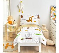 Flysheep Juego de ropa de cama blanca de 4 piezas para bebés, niñas y niños, estampado de animales lindos, incluye edredón acolchado, sábana encimera, sábana bajera y funda de almohada, microfibra