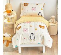 Flysheep Juego de ropa de cama de 4 piezas para niños y niñas, diseño de animales felices, color beige, incluye edredón acolchado, sábana encimera, sábana bajera y funda de almohada, microfibra suave