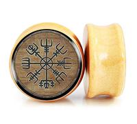 FLYUN 2 tapones para los oídos de madera natural vikinga vegvisir/Aegishjalmur de 6 a 25 mm, con doble acampanado, dilatador, dilatador, amuleto nórdico