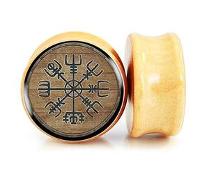 FLYUN 2 tapones para los oídos de madera natural vikinga vegvisir/Aegishjalmur de 6 a 25 mm, con doble acampanado, dilatador, dilatador, amuleto nórdico