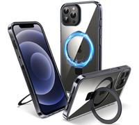 Flyzoo Funda Magnética Kickstand para iPhone 12 Pro MAX de Invisible Anillo, [Soporte Incorporado] Carcasa Transparente de Duro PC Silicona Borde de Protección de la Antigolpes, 6.7'', Negro Clear